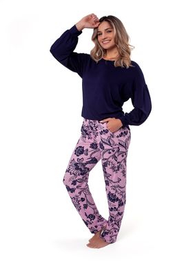 PIJAMA LONGO FEMININO PODIUN 225127 VISCOLYCRA GOLA CARECA MANGA BUFANTE FLORAL COM BOLSO T. P/GG