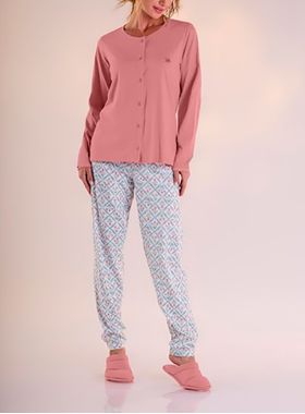 Pijama Longo Pzama 050210 Feminino Abertura Frontal Algodão T. P/EG
