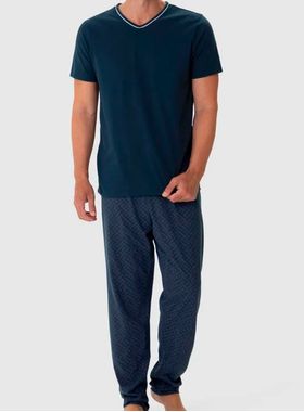 Pijama Longo Malwee 1000126768 Masculino Gola V Meia Malha Algodão T. M/XGG