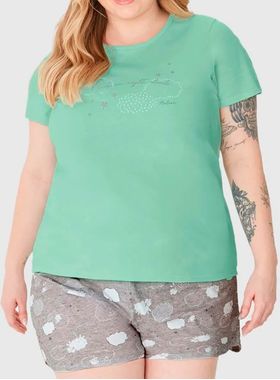 Pijama Curto Malwee 1000128764 Feminino Plus Size Estampado Meia Malha Algodão T. G1/G3