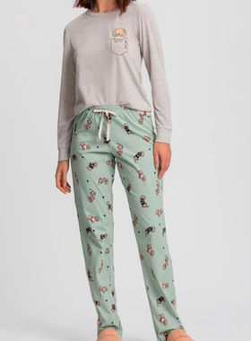 Pijama Longo Mensageiro Dos Sonhos 0141453 Feminino Dogs 1/2 Malha Algodão T. M/GG
