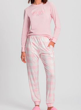 Pijama Longo Mensageiro Dos Sonhos 0141440 Feminino Coelhos 1/2 Malha Algodão T. P/GG