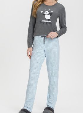 Pijama Longo Mensageira Da Paz 034159 Feminino Yoga Poses Poá Meia Malha T. M/GG