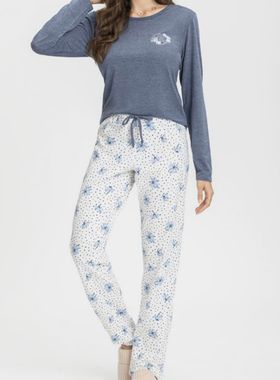 Pijama Longo Mensageira Da Paz 034166 Feminino Floral Meia Malha T. P/GG