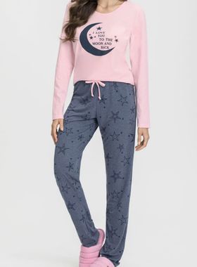 Pijama Longo Mensageira Da Paz 034145 Feminino Estrelas Meia Malha T. P/GG