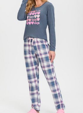 Pijama Longo Mensageira Da Paz 034150 Feminino Lazy Days Xadrez Meia Malha T. M/GG