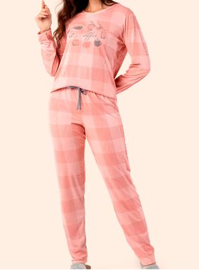 Pijama Longo Samara 2857 Feminino Xadrez Suede T. M/GG