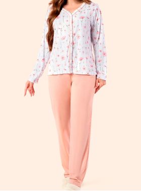 Pijama Longo Samara 2881 Feminino Floral Meia Malha T. M/GG