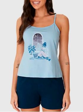 Pijama Curto Malwee 1000130660 Feminino Alças Estampado Malha Algodão T. P/XGG