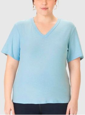 Blusa Manga Curta Malwee 1000129722 Feminina Plus Size Decote V Malha Linho T. G1/G3