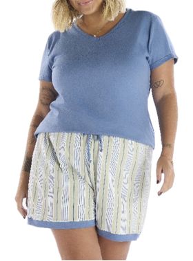 Pijama Curto Pzama 090235 Feminino Plus Size Listrado Meia Malha T. 50/54