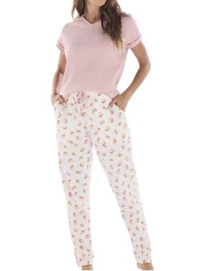 Pijama Longo Pzama 100244 Feminino Estampado Com Bolsos Meia Malha T. P/GG