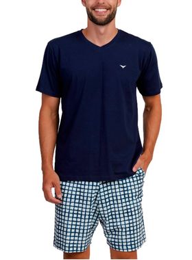 Pijama Curto Podiun 268028 Masculino Gola V Xadrez Com Bolsos Algodão T. P/GG