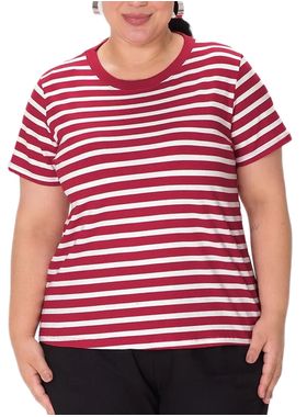 Blusa Manga Curta Malwee 1000137403 Feminina Plus Size Listrada Algodão T. G1/G3