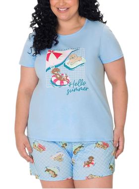 Pijama Curto Malwee 1000133230 Feminino Plus Size Estampado Malha Algodão T. G1/G3
